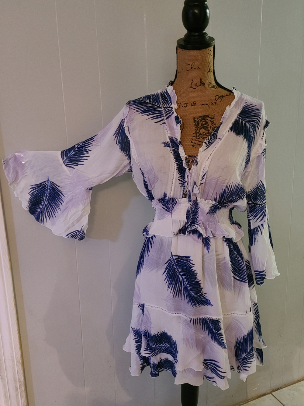 Poupette St Barth White & Navy Palm-Print Mini Dress Bell Sleeves